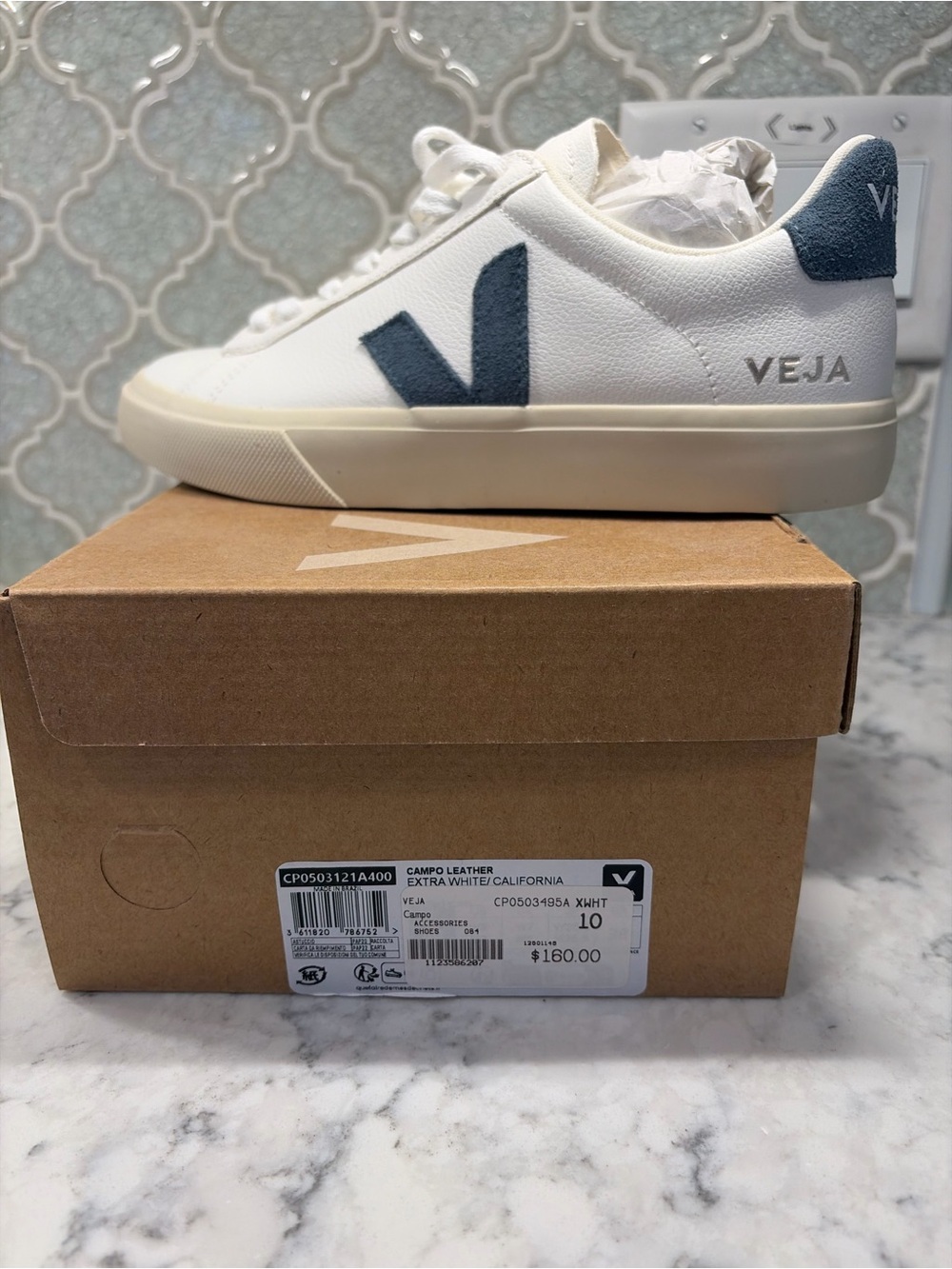 Veja Campo Leather Sneakers in White with Blue V